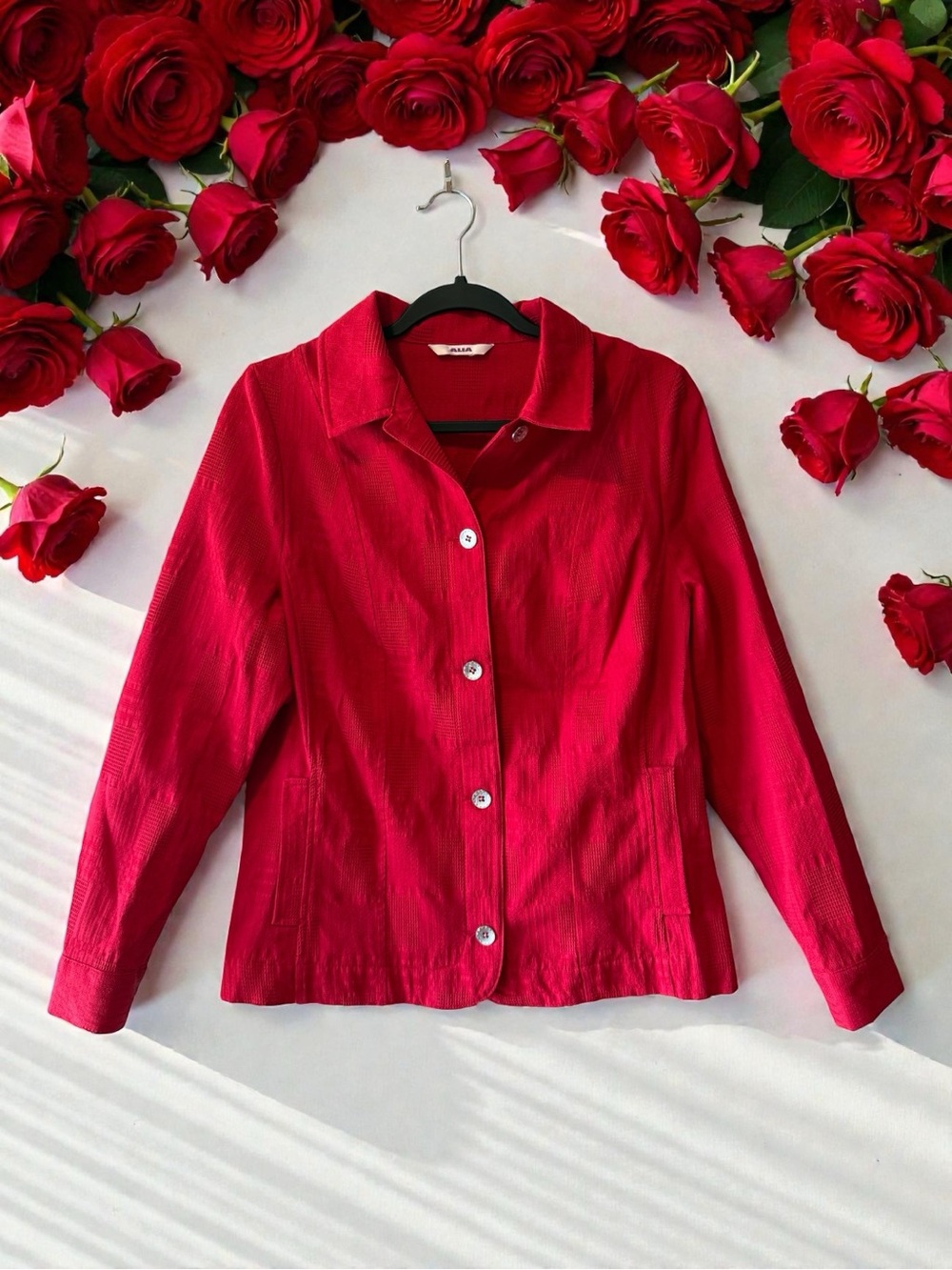 Alia Red Patchwork Textured Jacket/Shacket with Metallic Silver Buttons